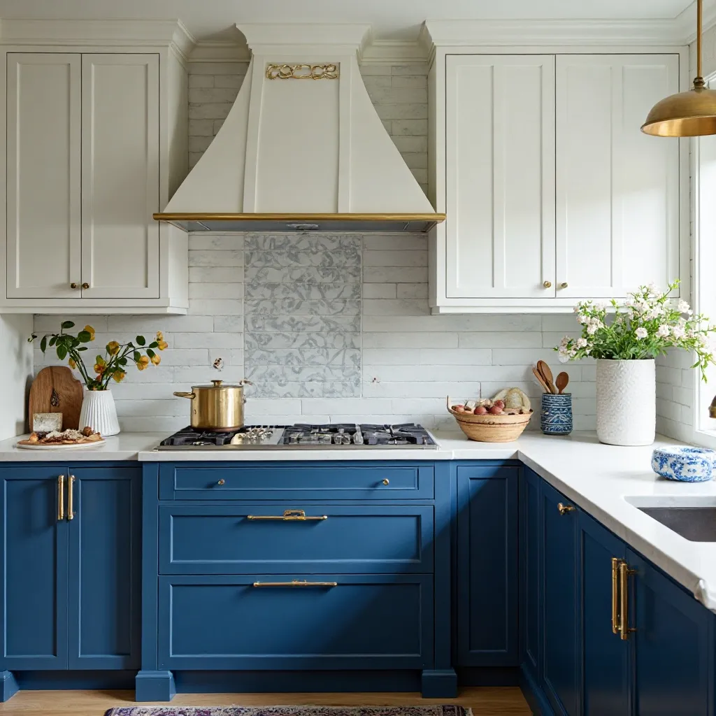 Blue Lower Cabinets with White Upper Cabinets and Brass Accents