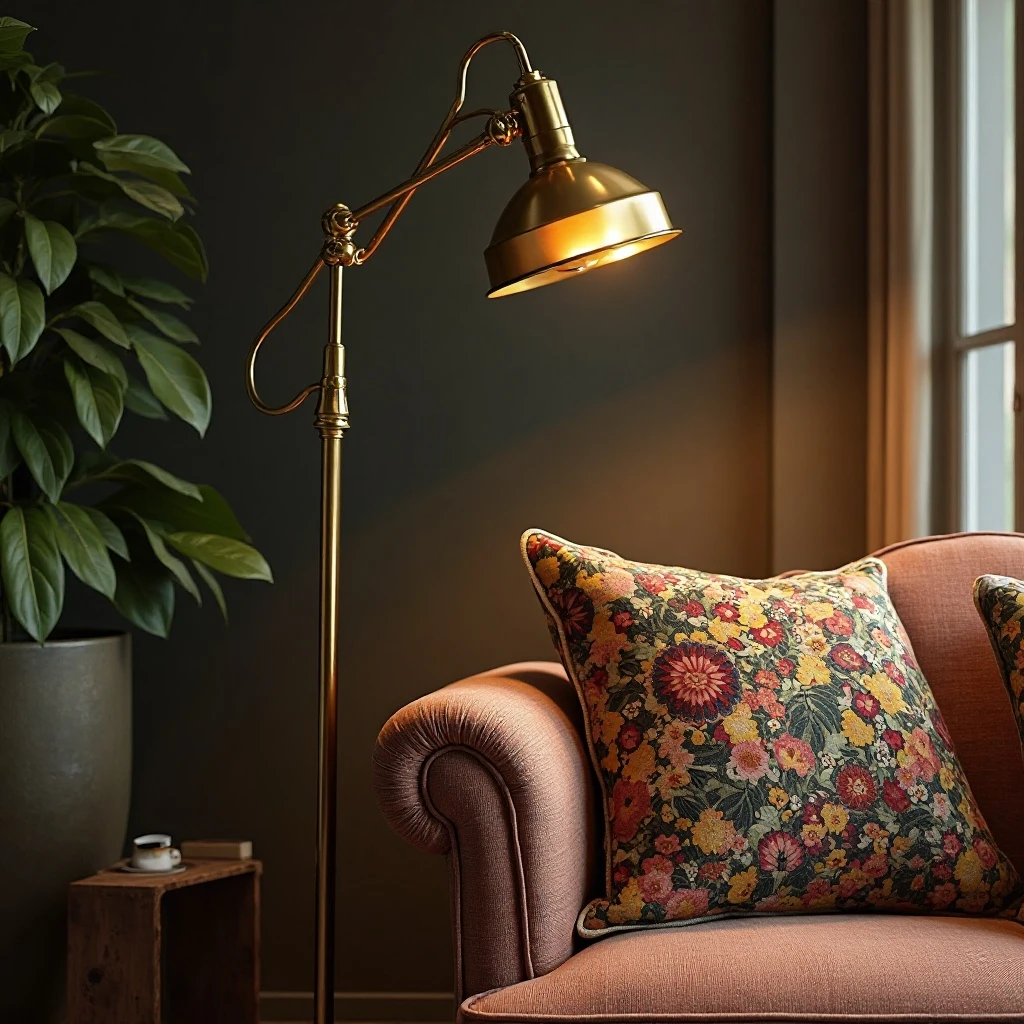 Brass Pharmacy Lamp Next to Sofa