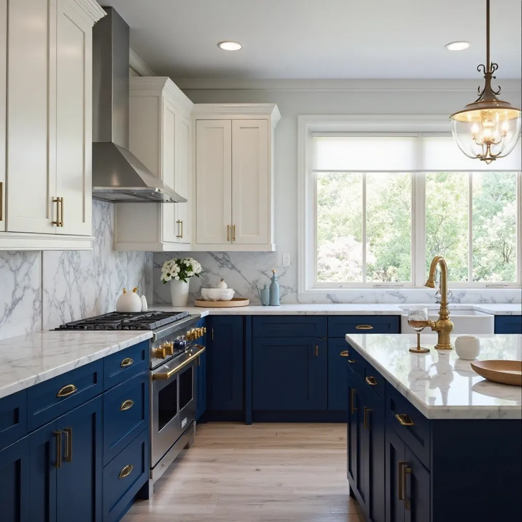 Classic Navy Cabinets with White Marble Countertops