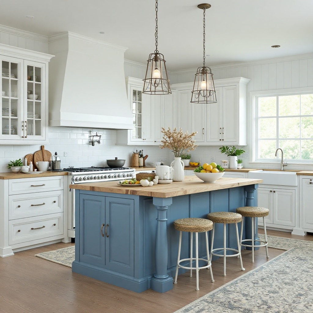 Coastal-Inspired White Cabinets with Blue Island