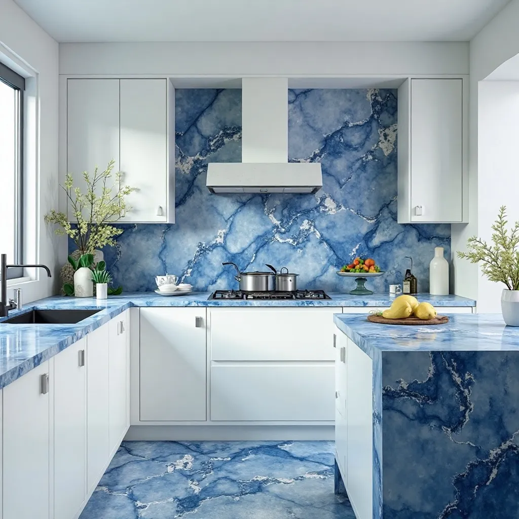 Contemporary White Kitchen with Blue Countertops