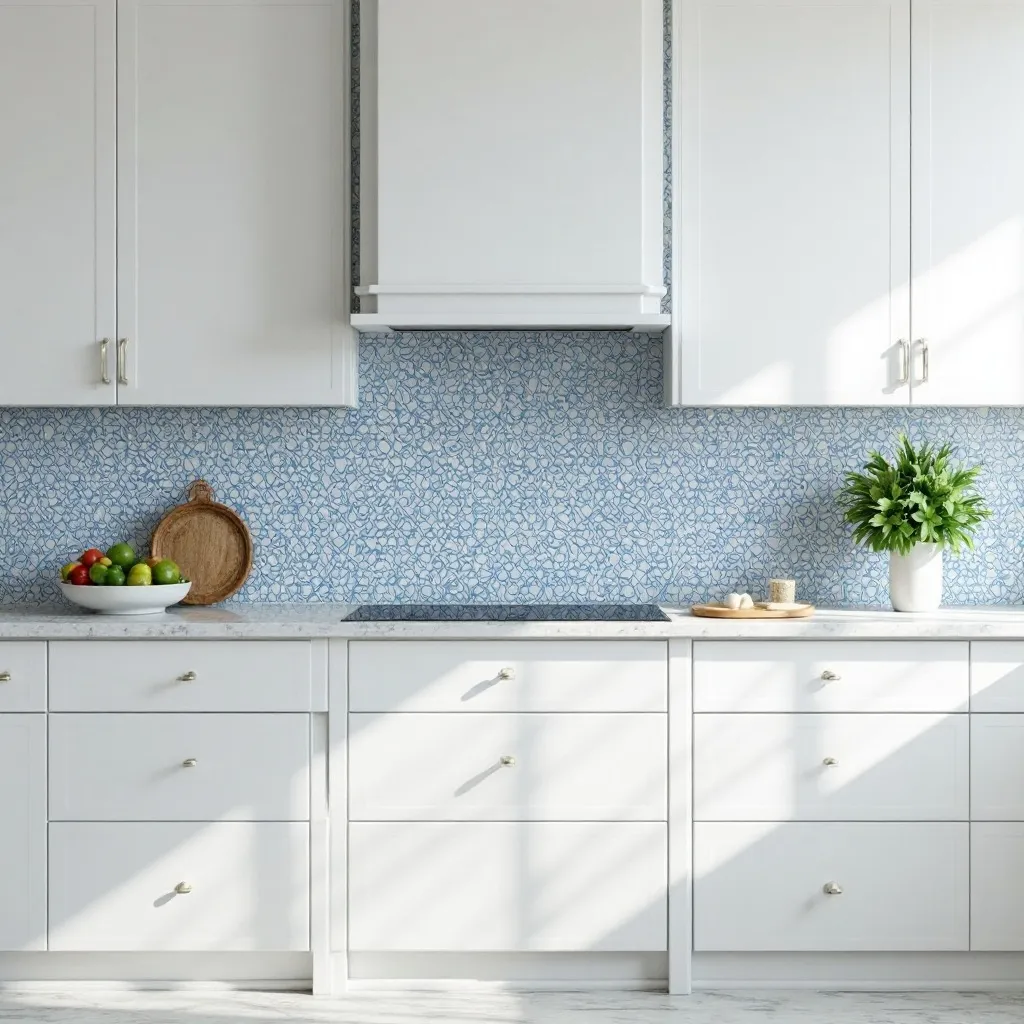 Contemporary White Kitchen with Geometric Blue Backsplash