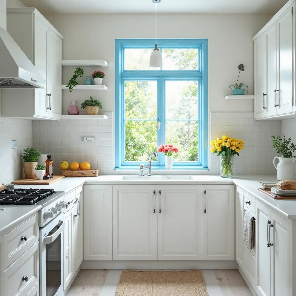 Cottage White Kitchen with Blue Window Trim