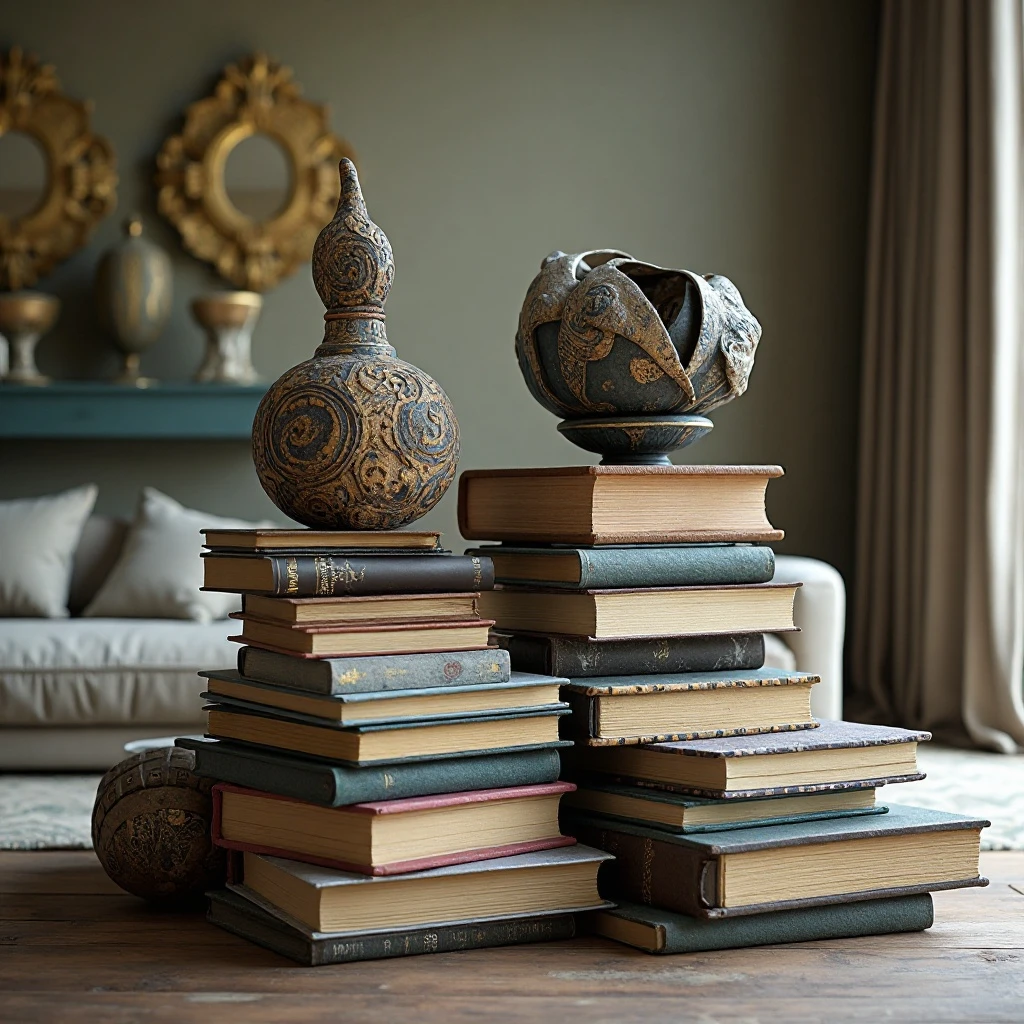 Layered Book Stacks with Sculptural Objects
