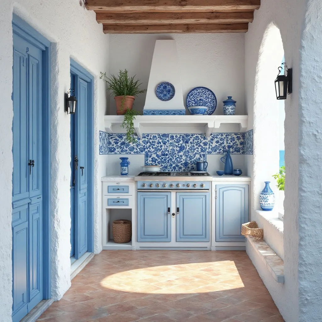 Mediterranean-Style White Kitchen with Blue Accents
