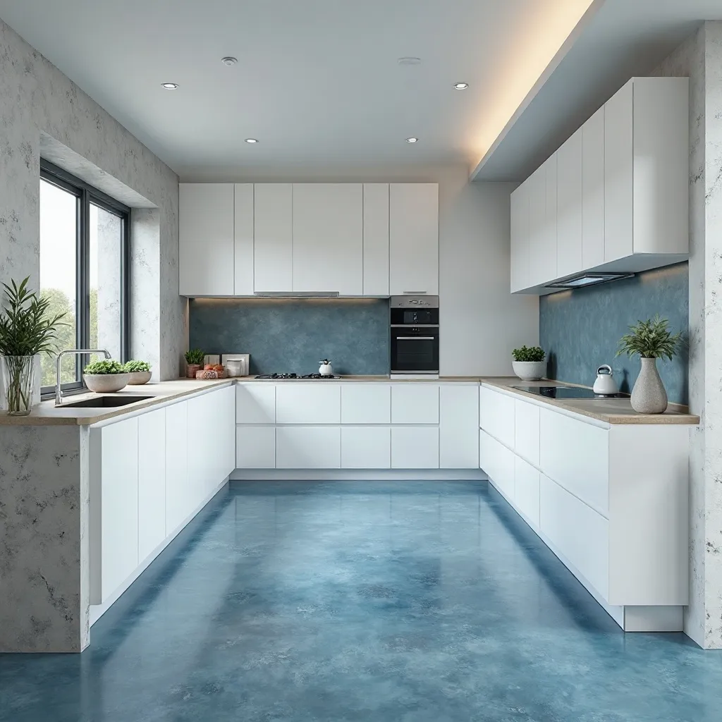 Modern White Kitchen with Blue Concrete Floors