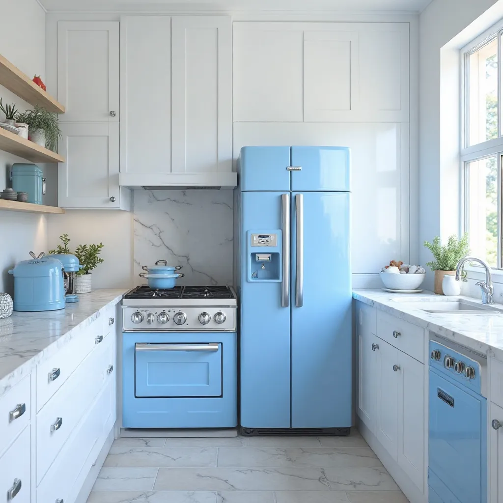 Modern White Kitchen with Bold Blue Appliances