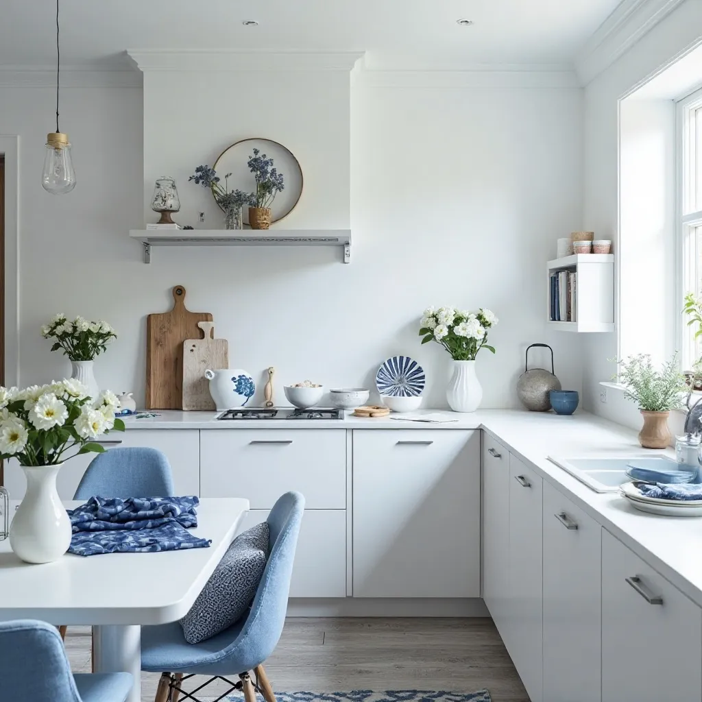 Scandinavian White Kitchen with Blue Textiles