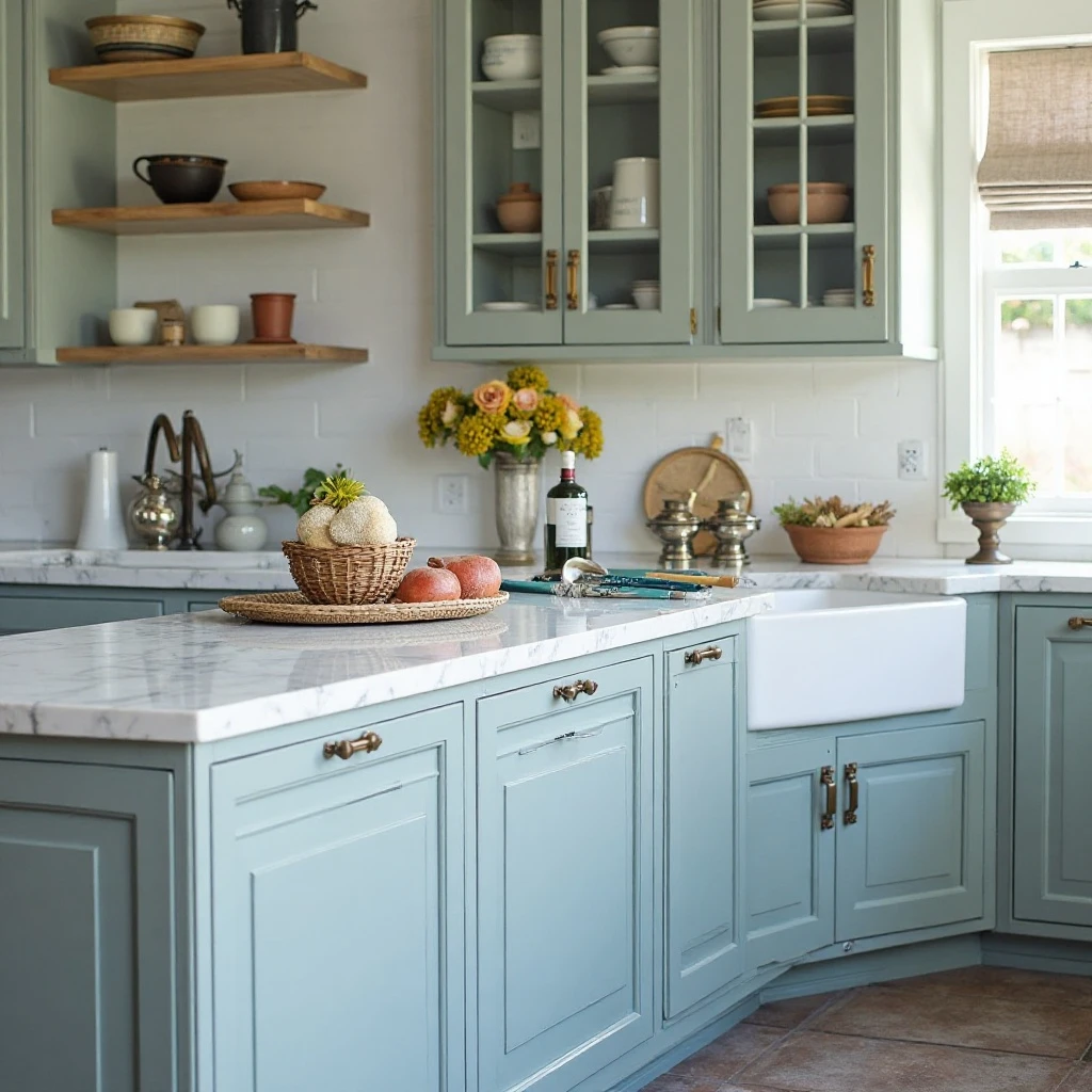 Soft Blue-Gray Cabinetry with Brass Hardware