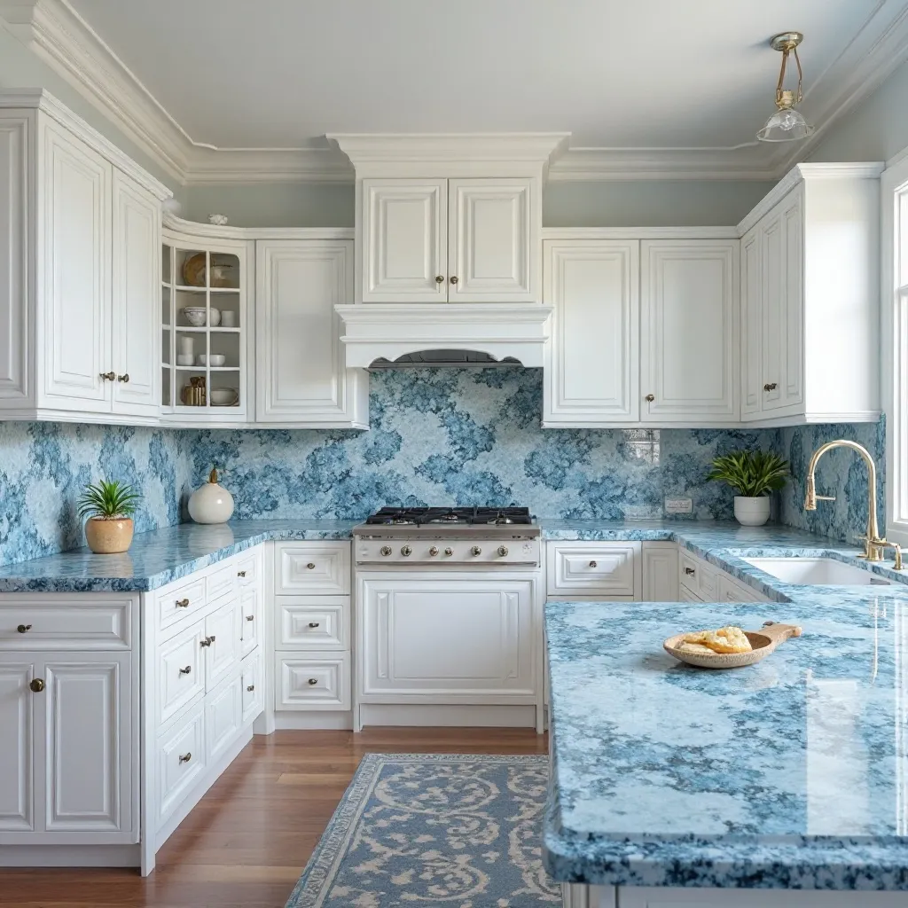 Traditional White Kitchen with Blue Granite Countertops