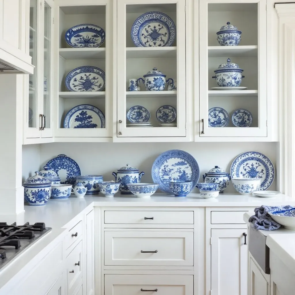 Traditional White Kitchen with Blue and White China Display