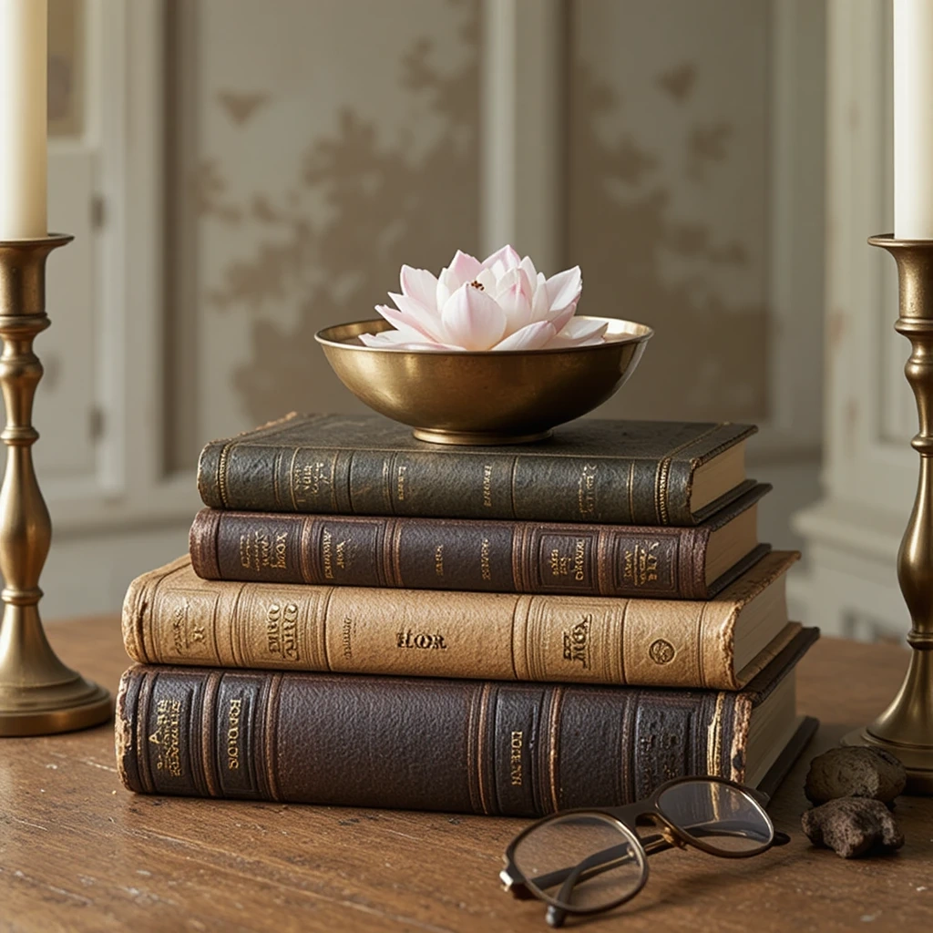 Vintage Book Stack with Botanical Elements