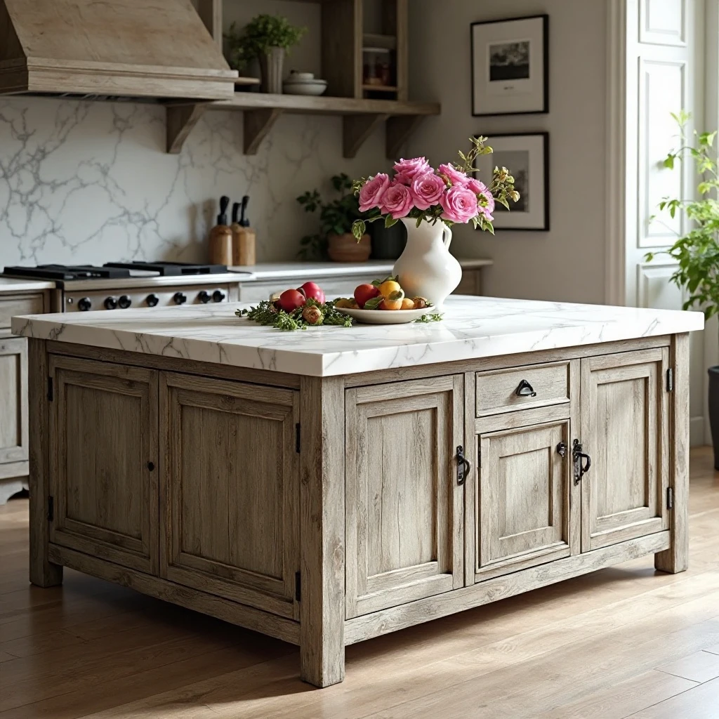 Weathered Wood Island with Marble Top