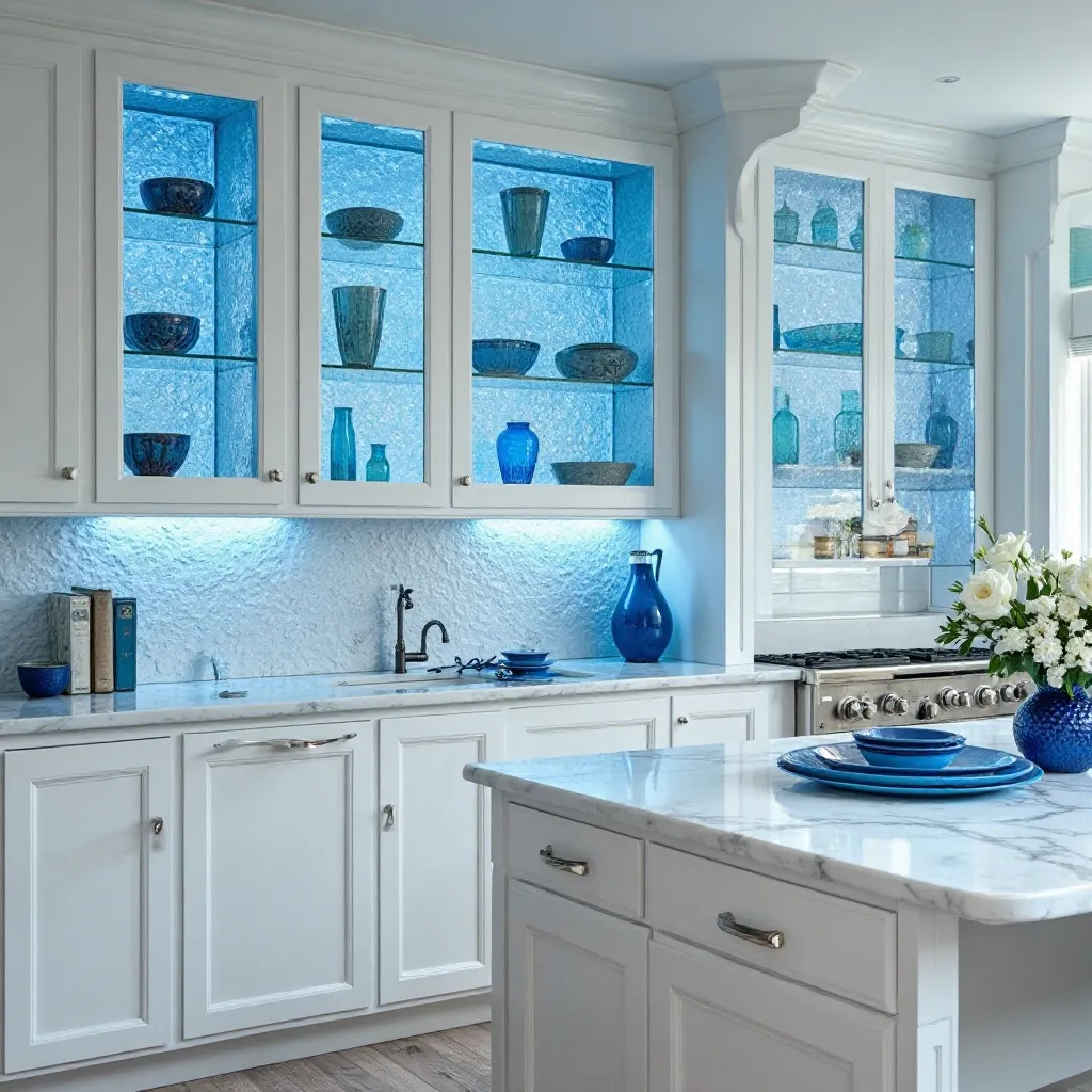 White Kitchen with Blue Glass Cabinet Inserts