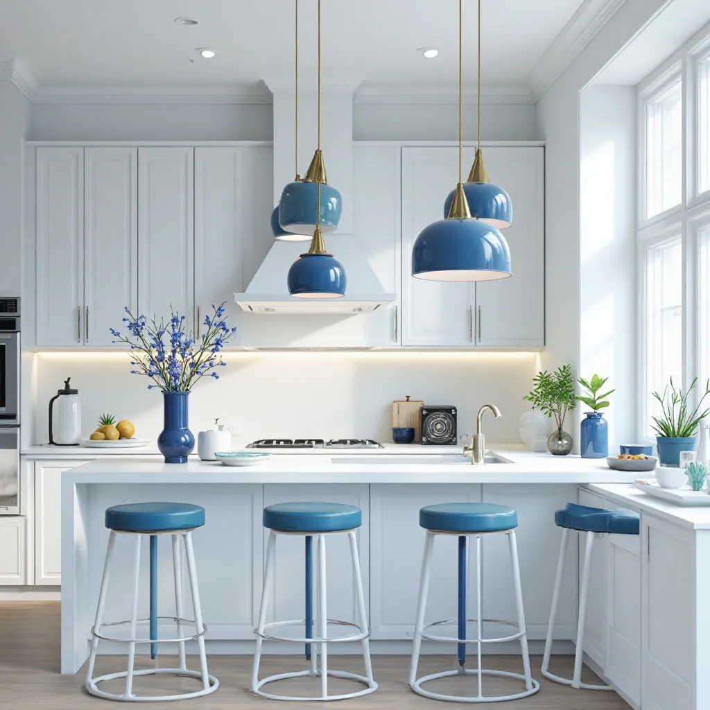 White Kitchen with Blue Pendant Lighting