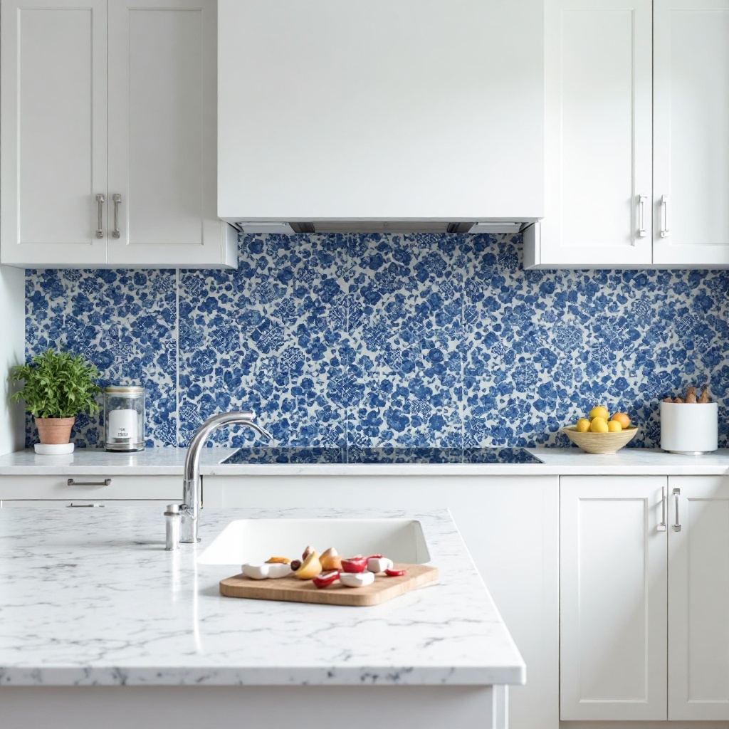 White Kitchen with Blue Tile Backsplash