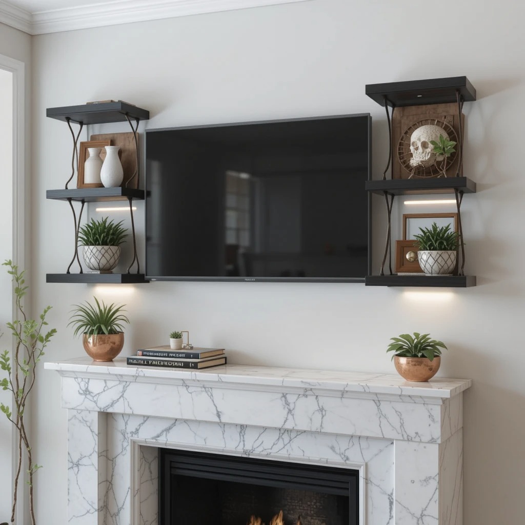 Two sleek black floating shelves flanking a wall-mounted TV above a white marble mantle, displaying contemporary ceramic sculptures, coffee table books, and small potted plants in copper pots, with integrated LED strip lighting underneath each shelf.