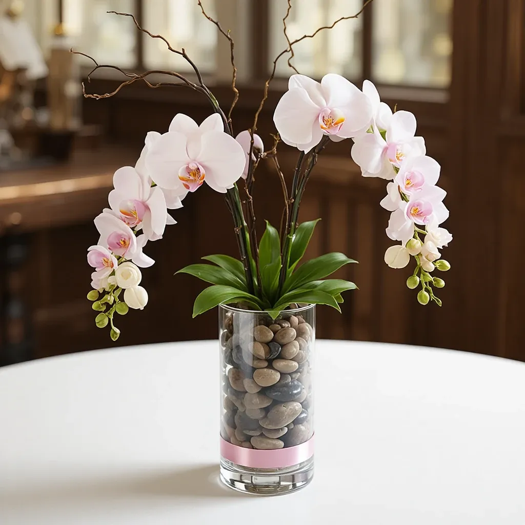 Cascading Orchid Elegance in Clear Cylinder Vase