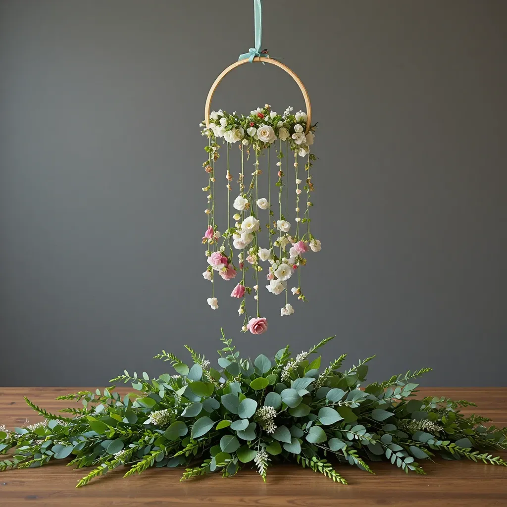 Hanging Floral Mobile Above Low Greenery Base