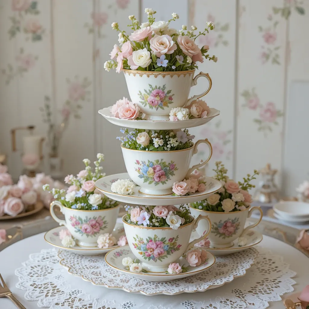 Vintage Tea Cup Tower with Delicate Florals