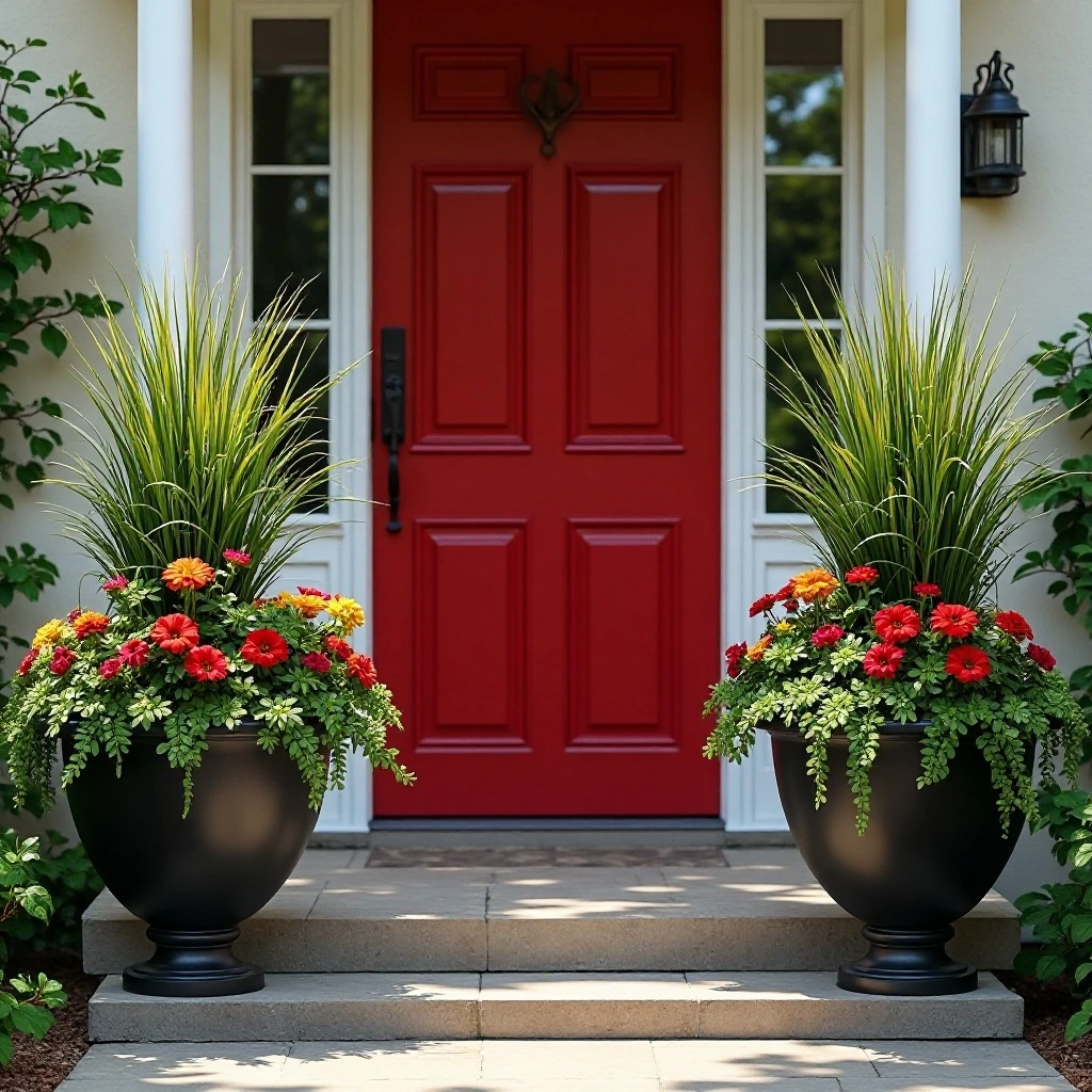 A Statement Front Door Framed by Planters