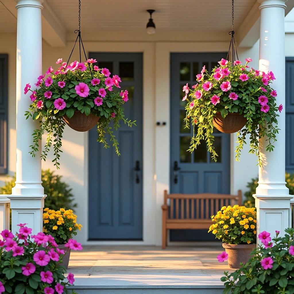 A Welcoming Front Porch with Hanging Baskets