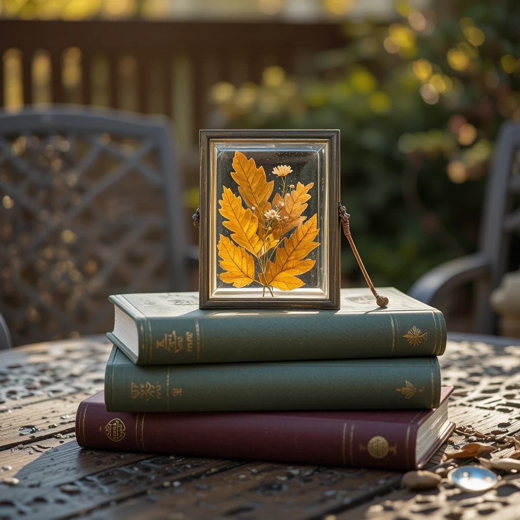 Book Stack with Pressed Botanicals Under Glass