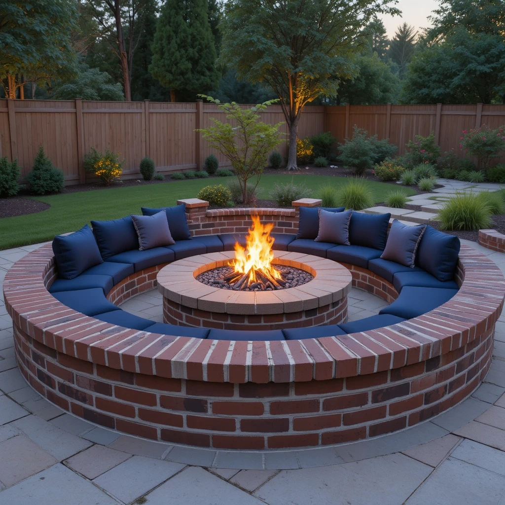 Brick Fire Pit with Built-In Seating Wall