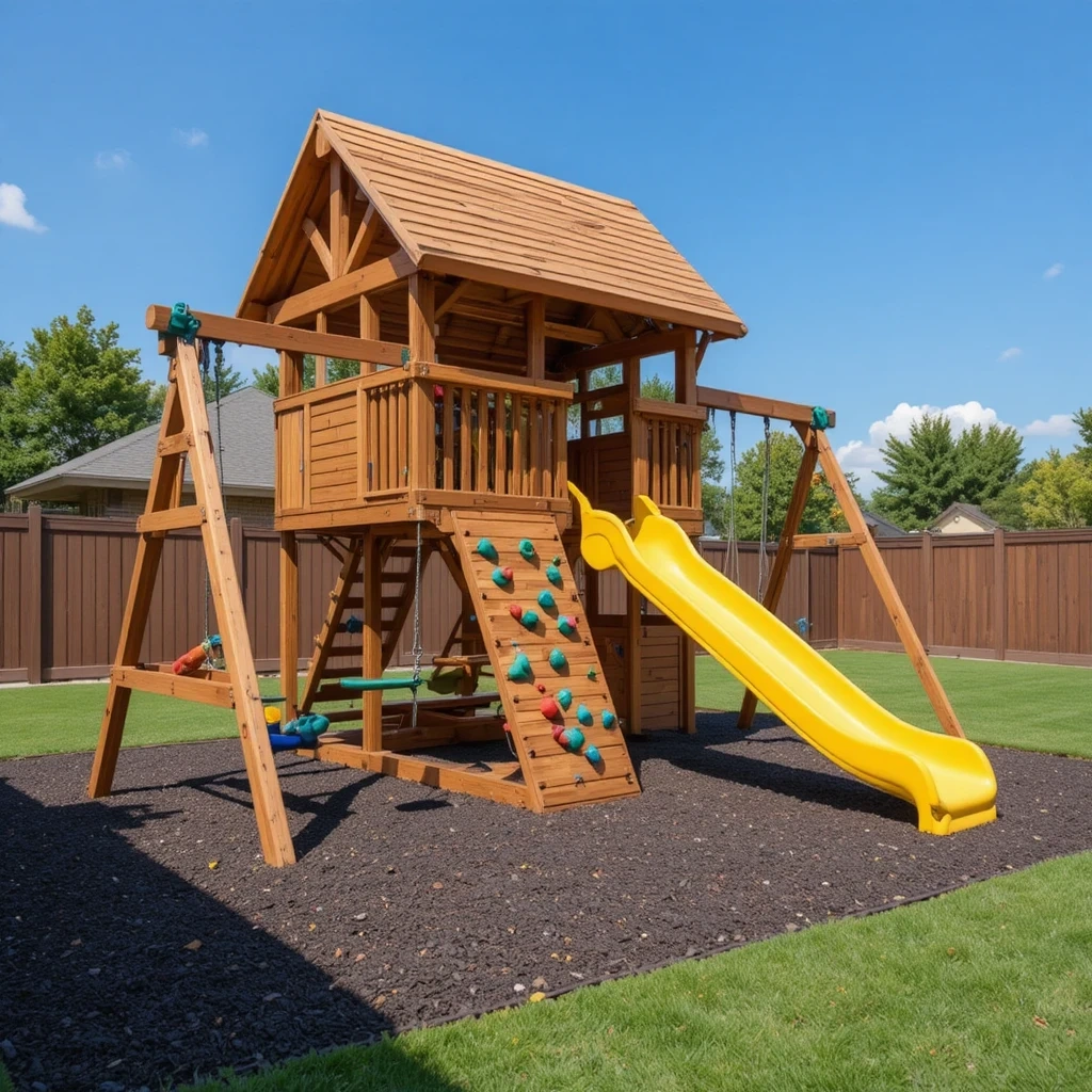 Cedar Swing Set with Slide and Climbing Wall