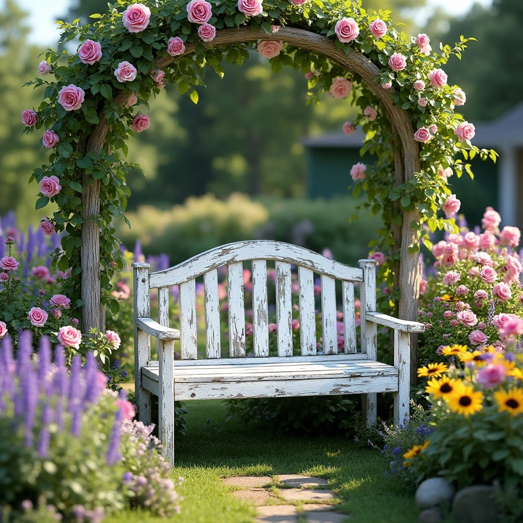 Cottage Garden Bench Surrounded by Blooms