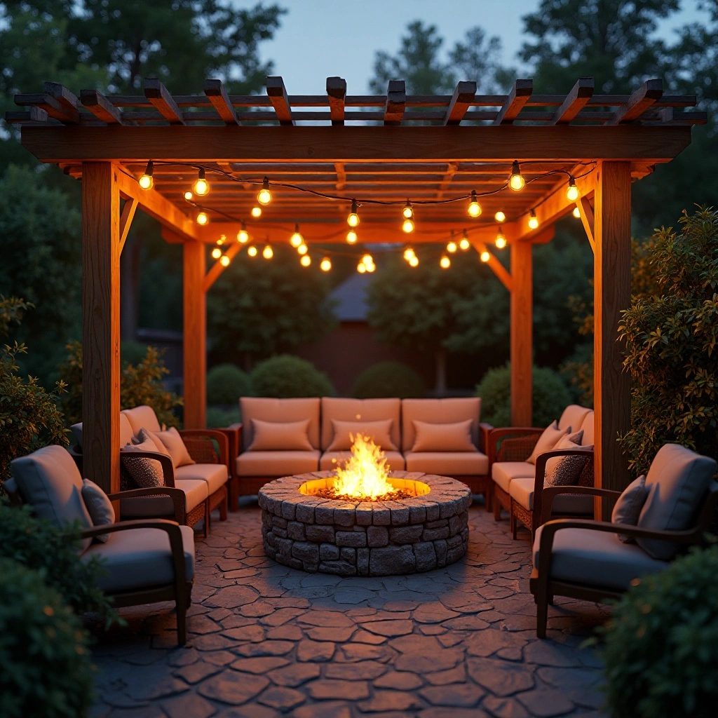 Fire Pit with Pergola and String Lights