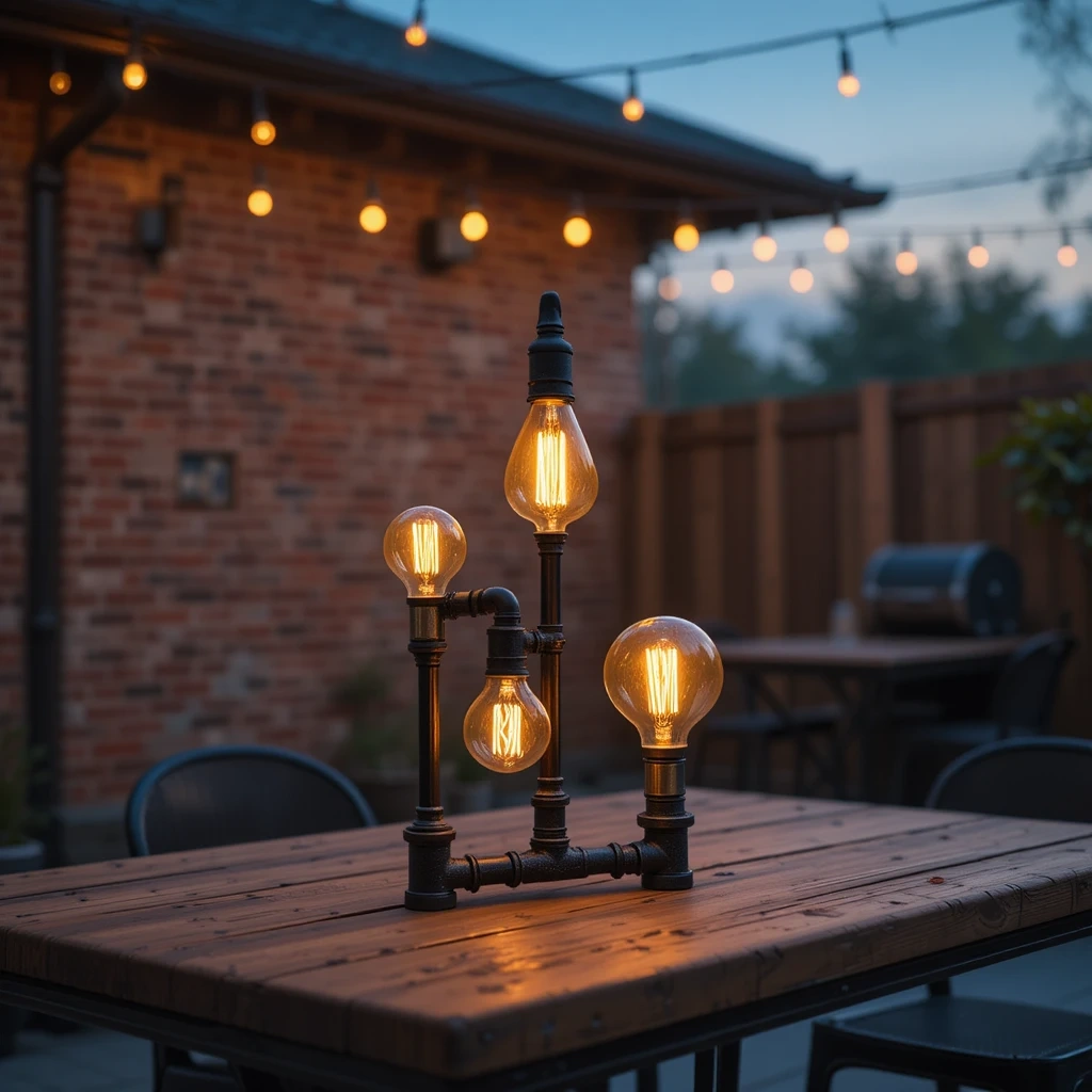 Industrial Pipe & Edison Bulb Table Lamp Cluster