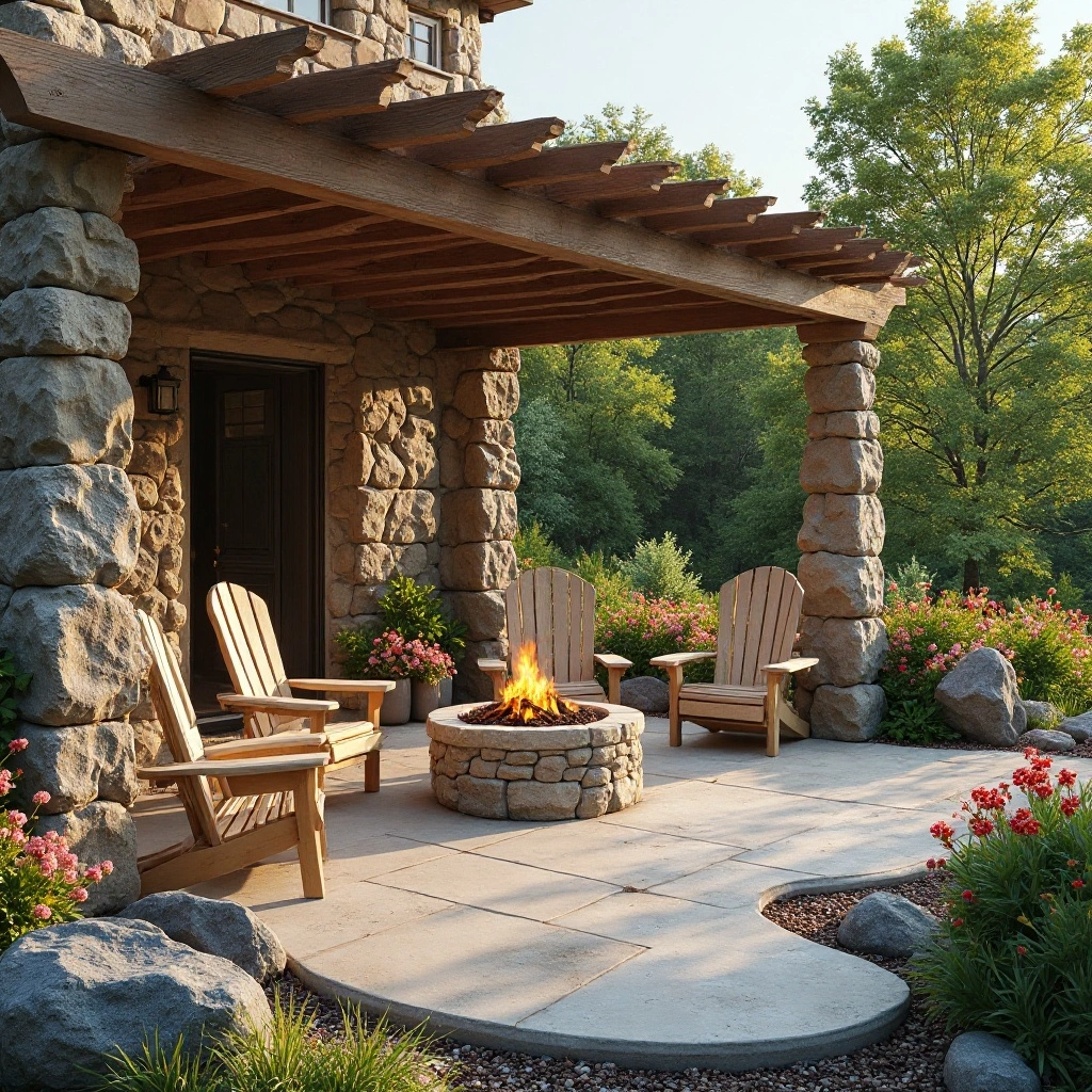 Rustic Concrete Patio with Natural Stone and Wood Accents