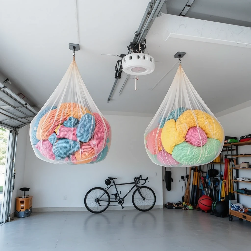 Mesh Laundry Bags + Ceiling Pulley System