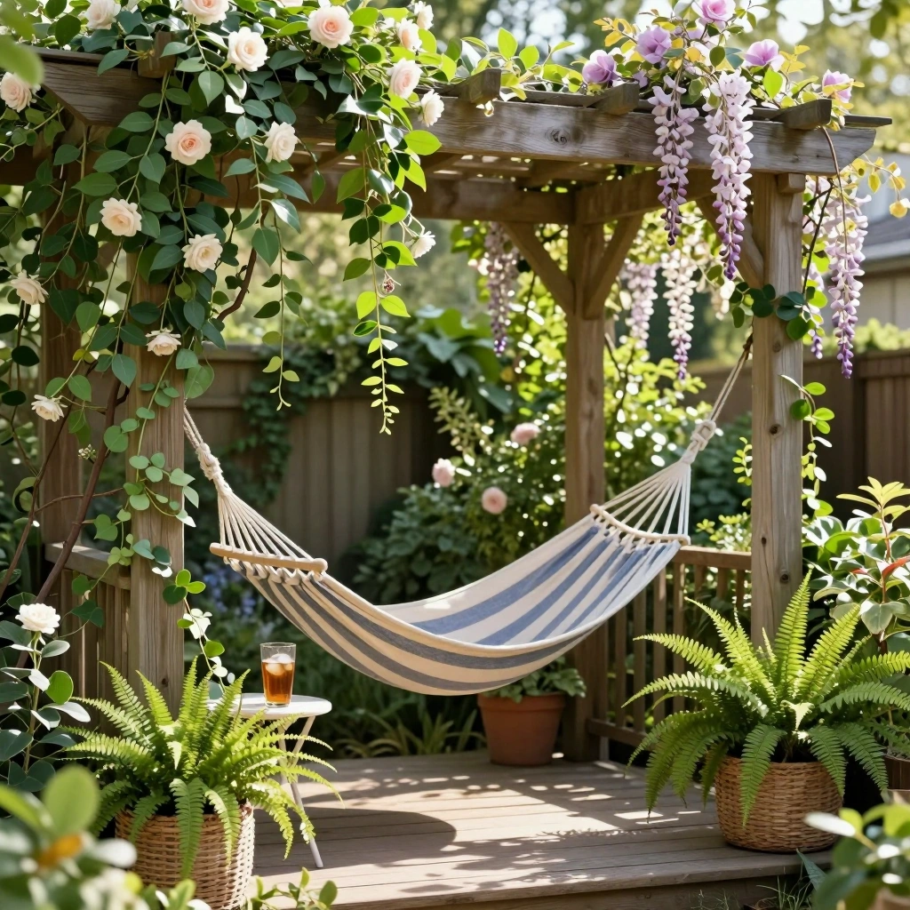 Pergola with Hanging Plants and a Hammock
