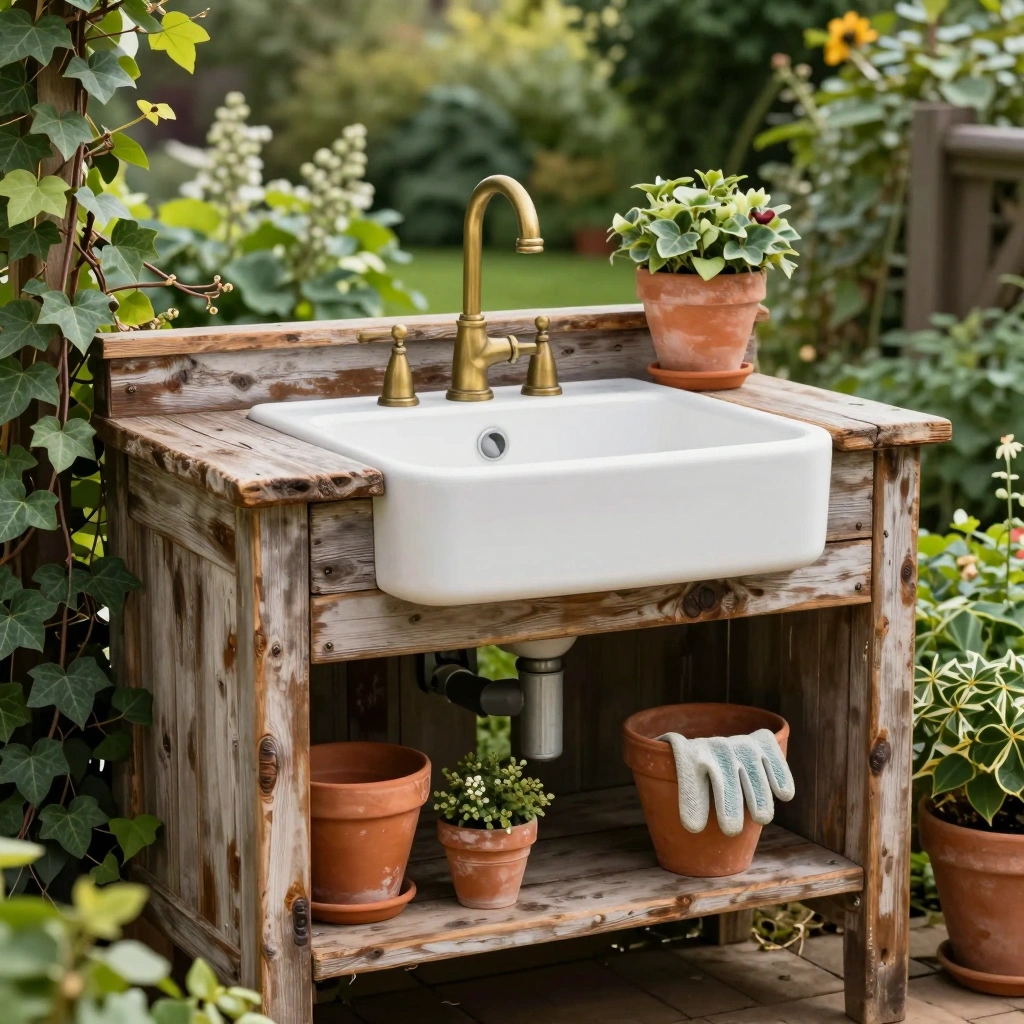 Rustic Wooden Garden Sink Station