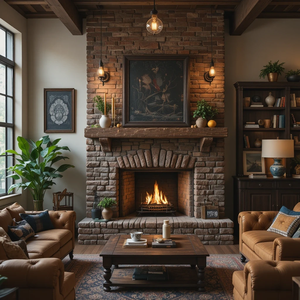 Brick-and-Stone Combo Fireplace