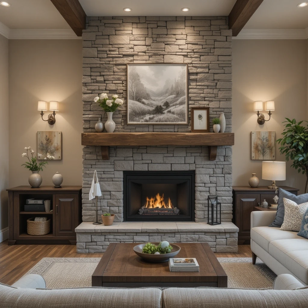 Classic Stacked Stone Fireplace