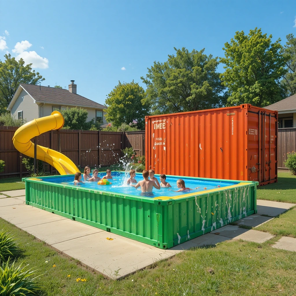 Container Pool with Water Slide & Splash Pad