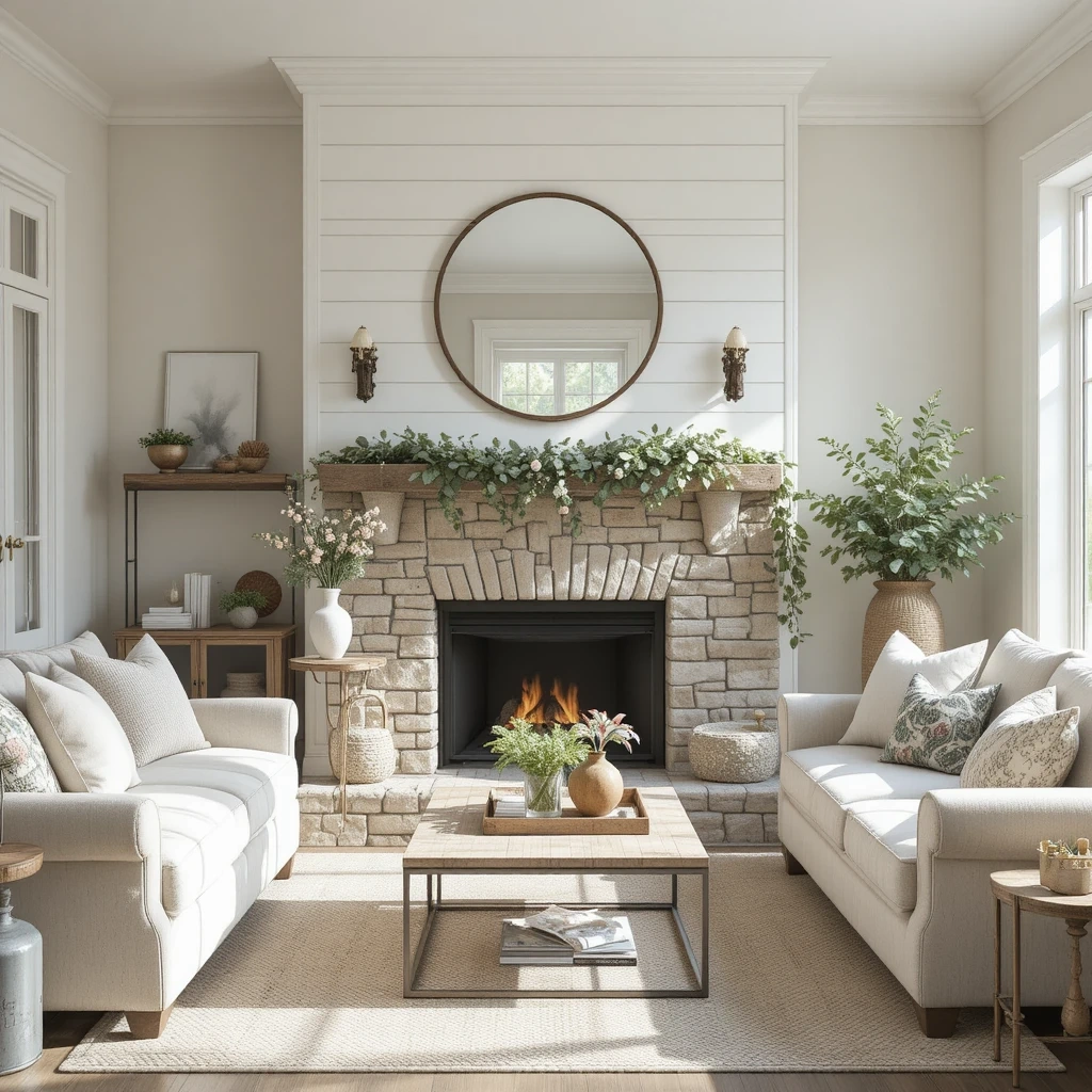Farmhouse-Style Whitewashed Stone Fireplace