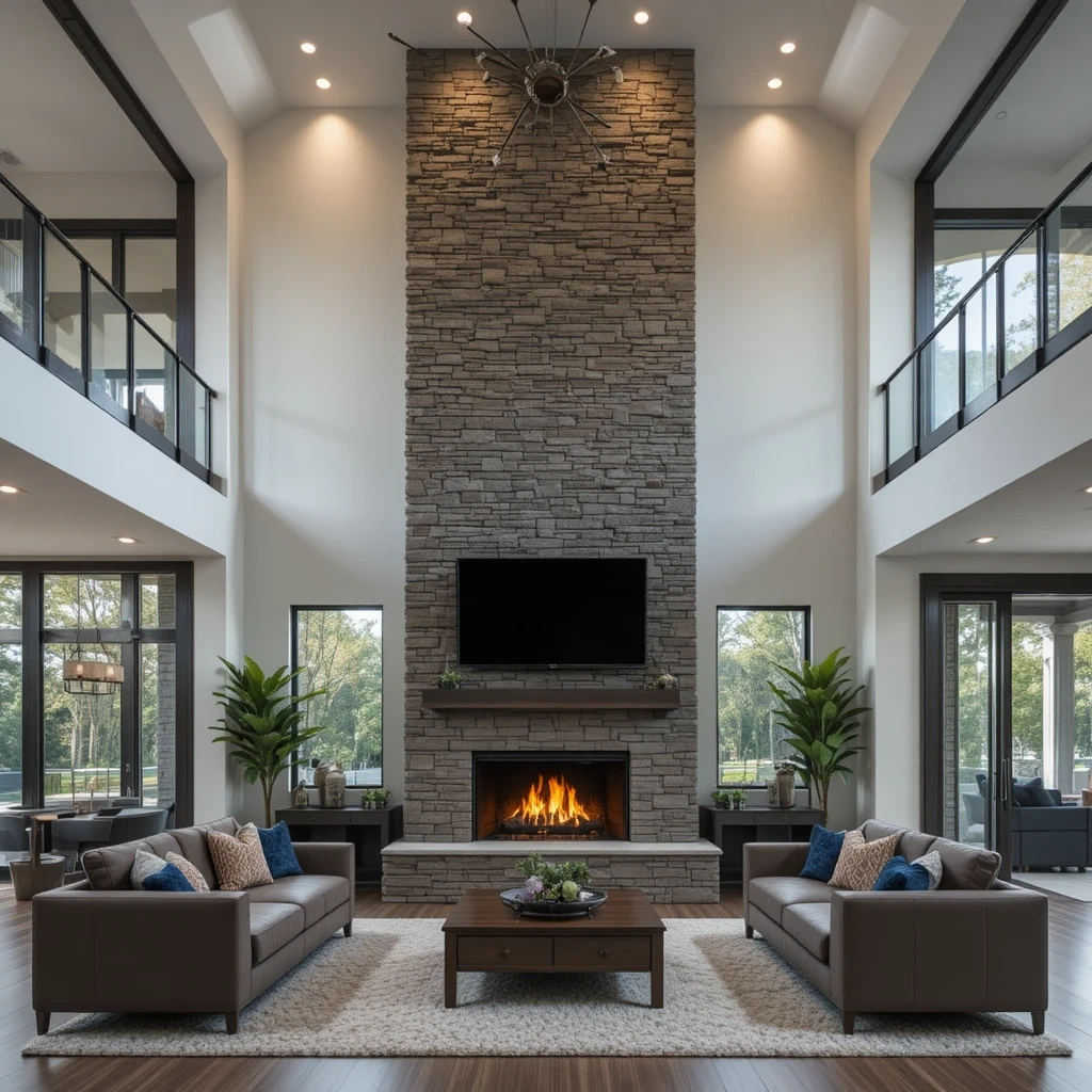 Floor-to-Ceiling Stone Fireplace