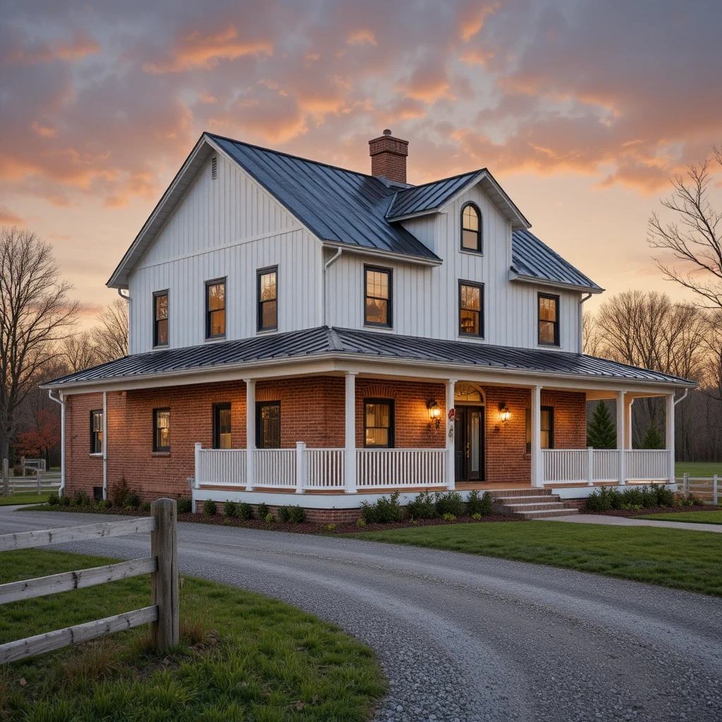 Red Brick Farmhouse with Black Accents