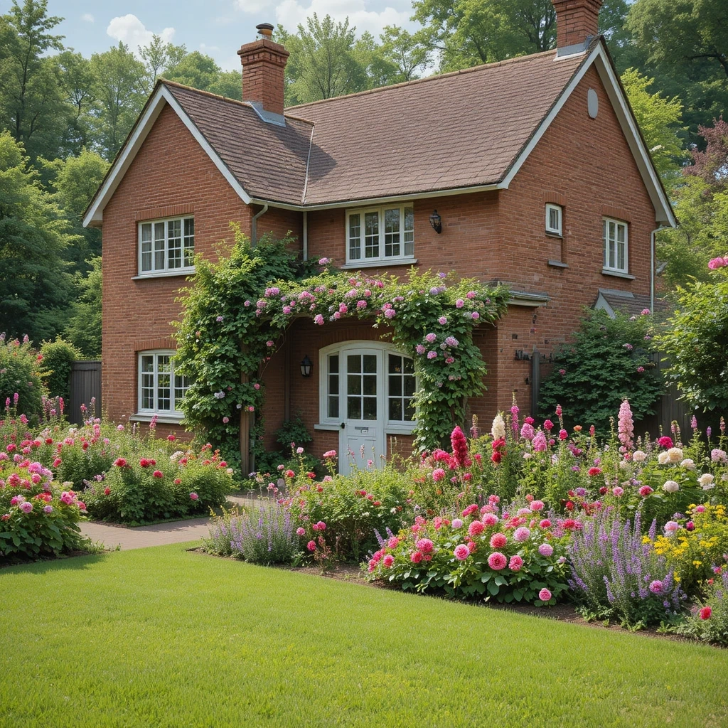 Red Brick with a Lush Garden Landscape