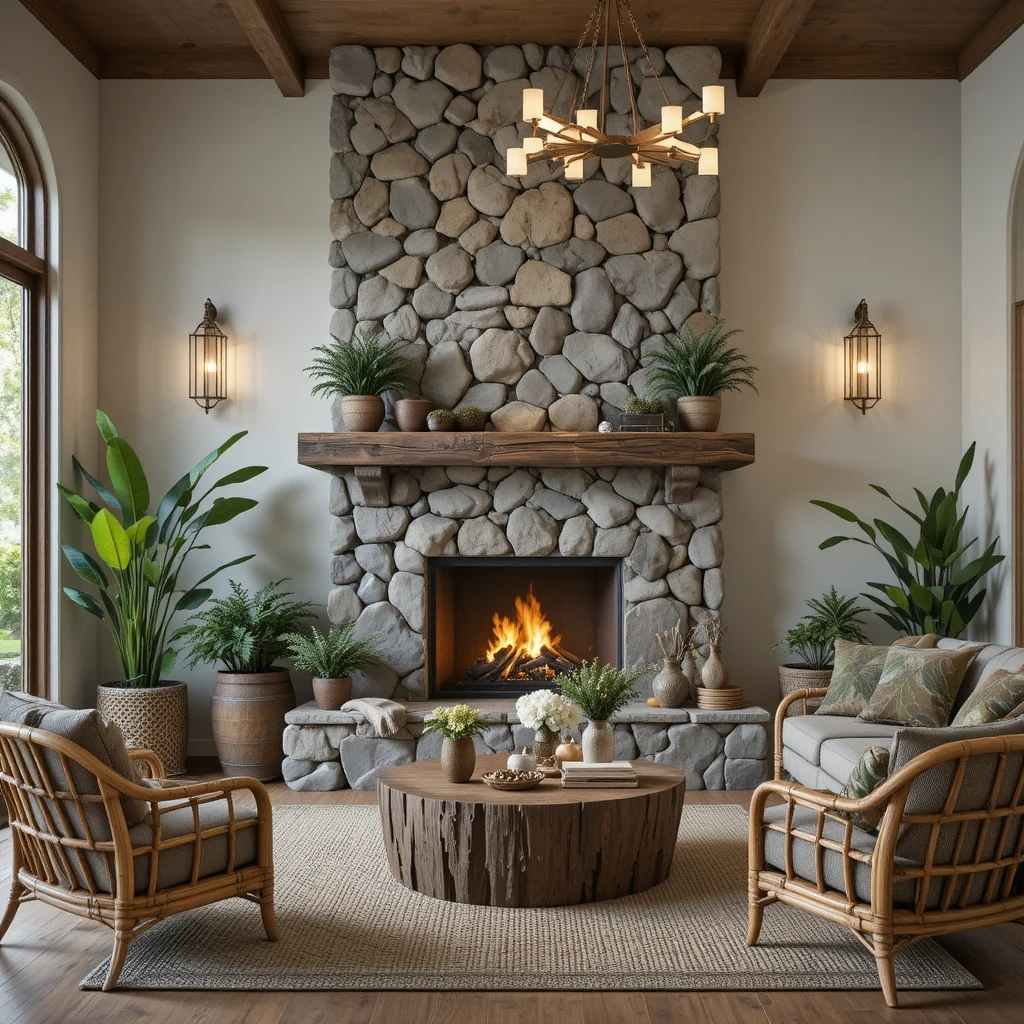 River Rock Stone Fireplace