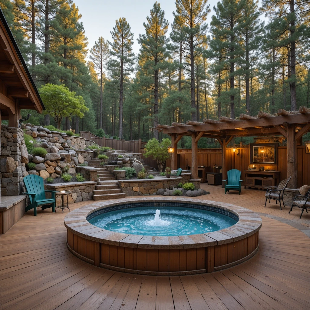 Rustic Lodge-Style Swim Spa with Cedar and Stone