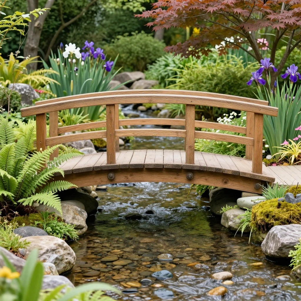 Arched Wooden Bridge Over a Stream or Pond
