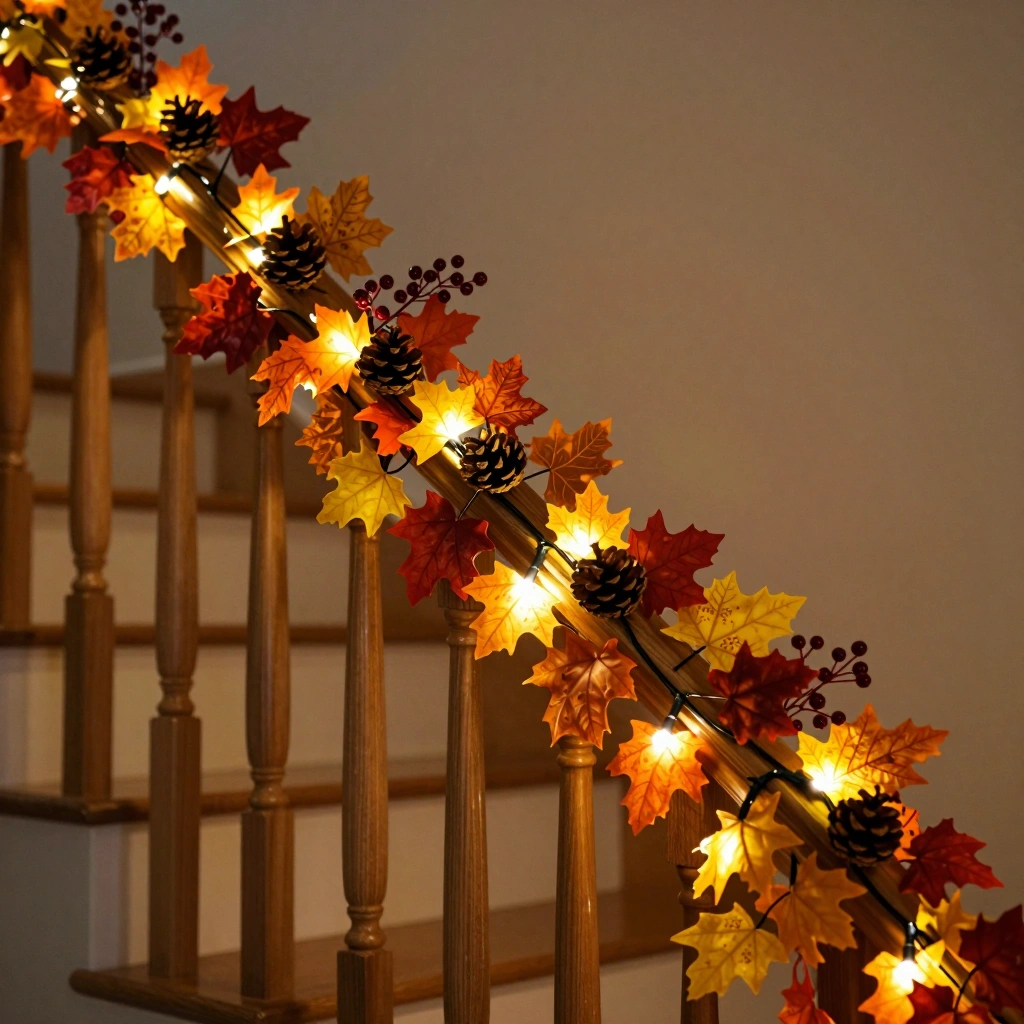 Autumn Leaf Garland on the Staircase Railing
