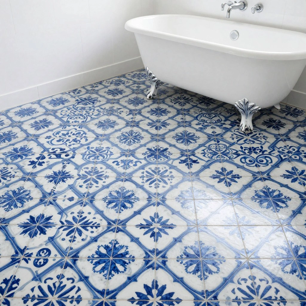 Blue and White Patterned Floor Tile