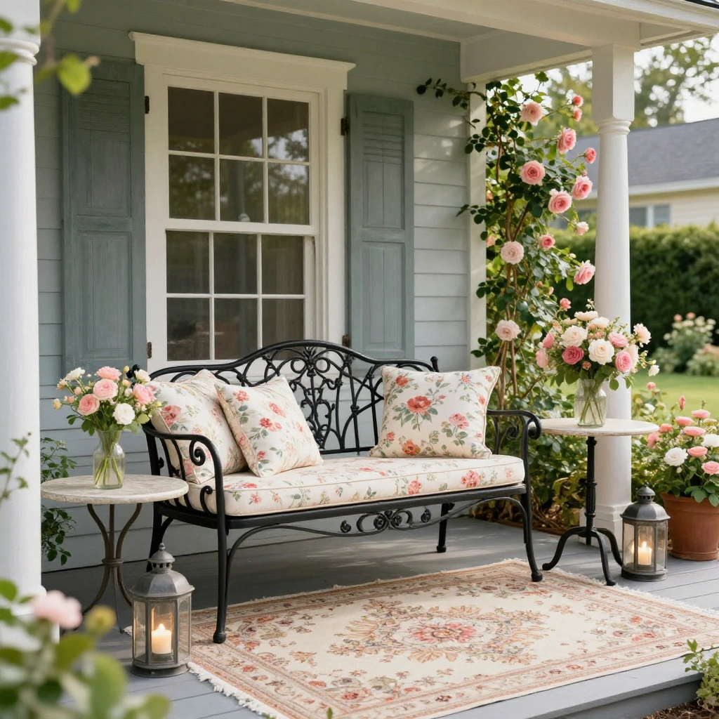 Classic Wrought Iron Sofa with Floral Cushions