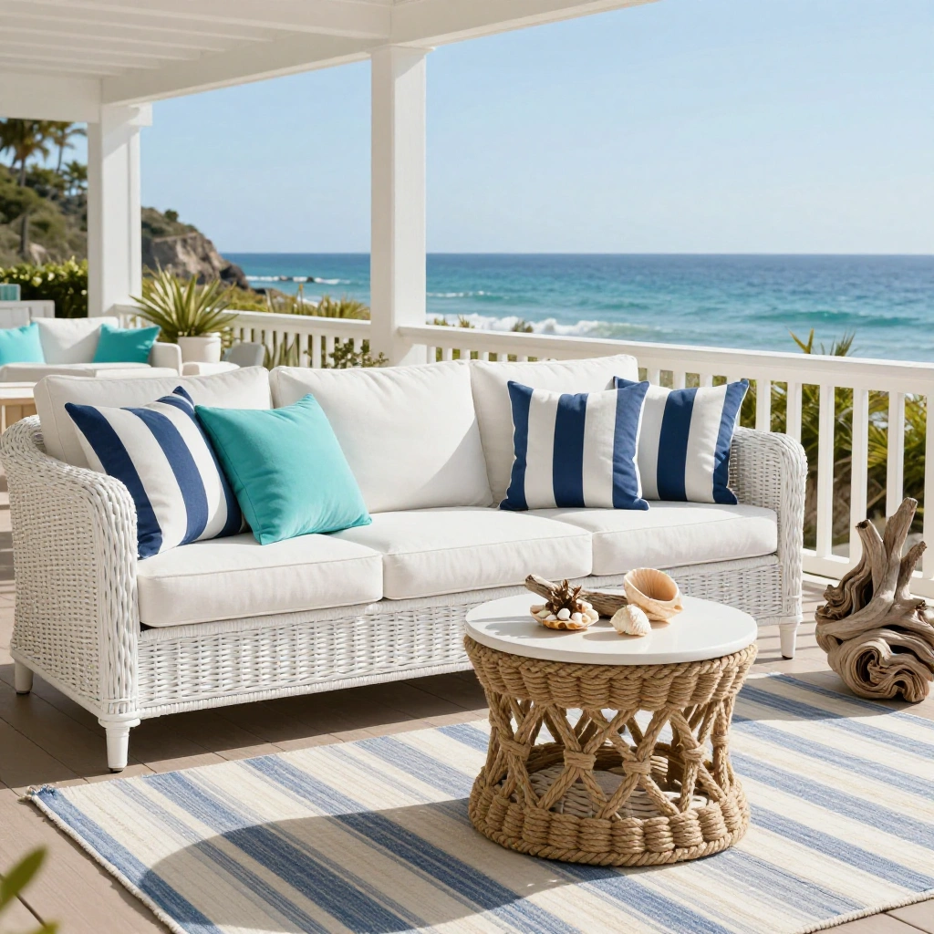 Coastal-Inspired White and Blue Sofa